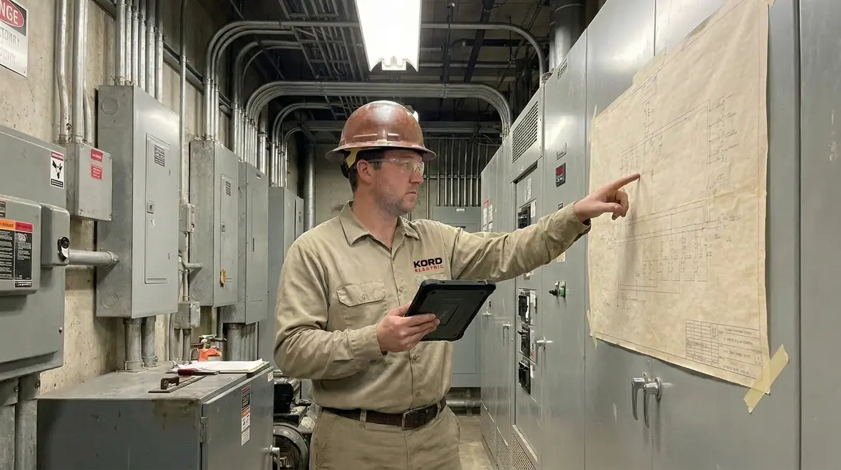 Technician reviewing panel data for electrical load balancing in a commercial facility