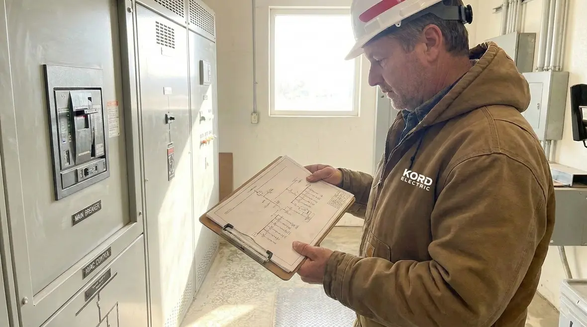 Technician reviewing an electrical preventive maintenance checklist in a commercial facility