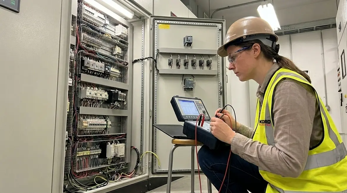 Technician testing protective electrical devices and breakers in an industrial panel