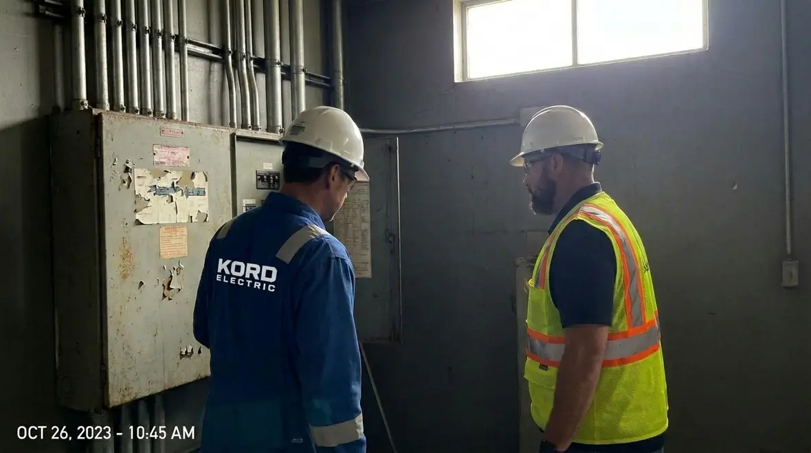 Technician reviewing NFPA 70 electrical code documentation in a commercial facility