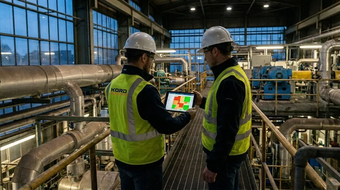 Technicians reviewing an emergency electrical preparedness plan for a commercial facility
