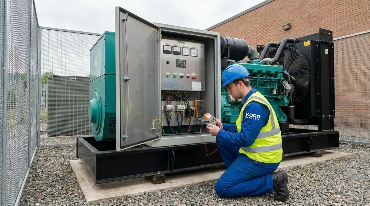 Technician performing emergency power reliability testing on commercial generator