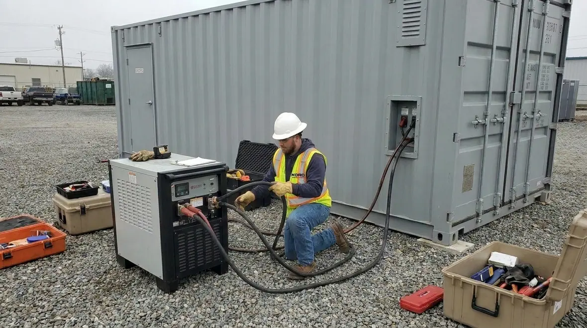 Technician inspecting fuel, batteries, and controls for standby power system