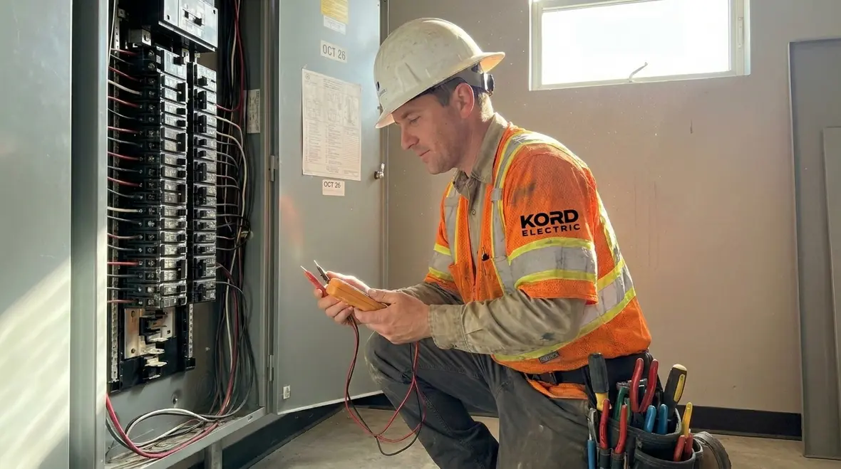 Technician performing emergency electrical panel repair in a commercial building