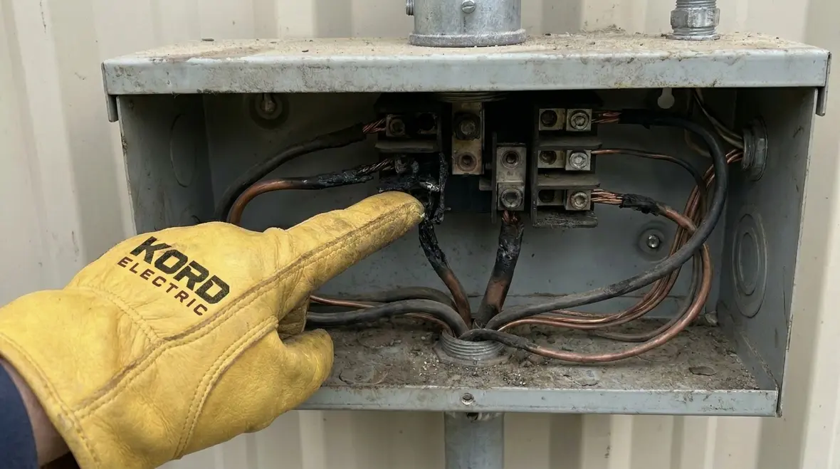 Commercial electrical panel showing signs of overheating and damage