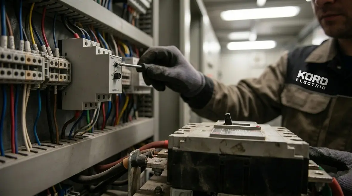 Technicians performing Facility Electrical Safety Upgrades in a commercial electrical room