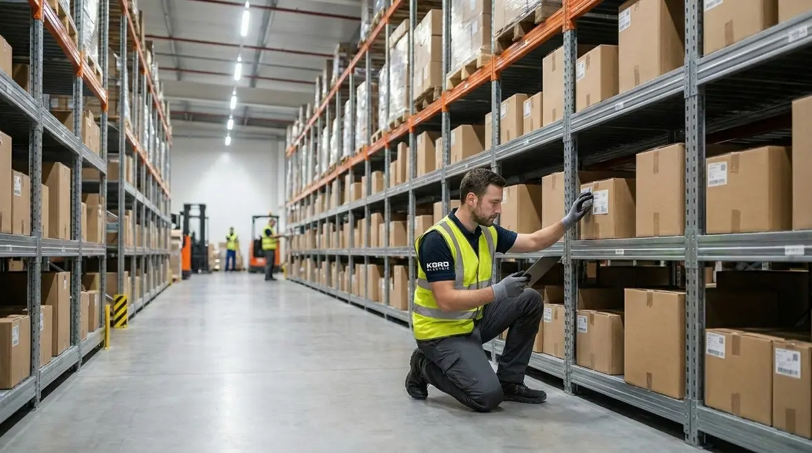 Technician configuring Industrial Lighting Control Systems in a commercial facility