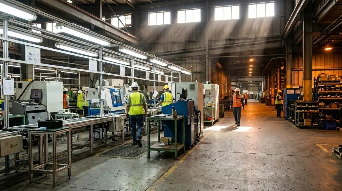 Technicians reviewing an industrial lighting layout over a facility floor plan