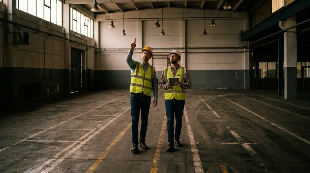 Industrial lighting design layouts illuminating a modern warehouse floor