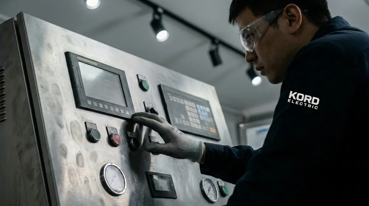Technicians measuring industrial lighting layout performance during commissioning