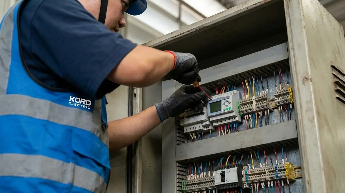 Technician configuring industrial protection and coordination settings
