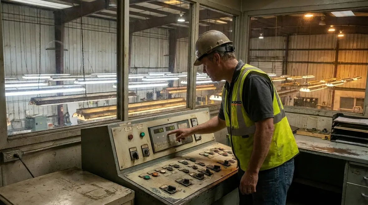 Technician configuring occupancy sensors for industrial smart lighting controls
