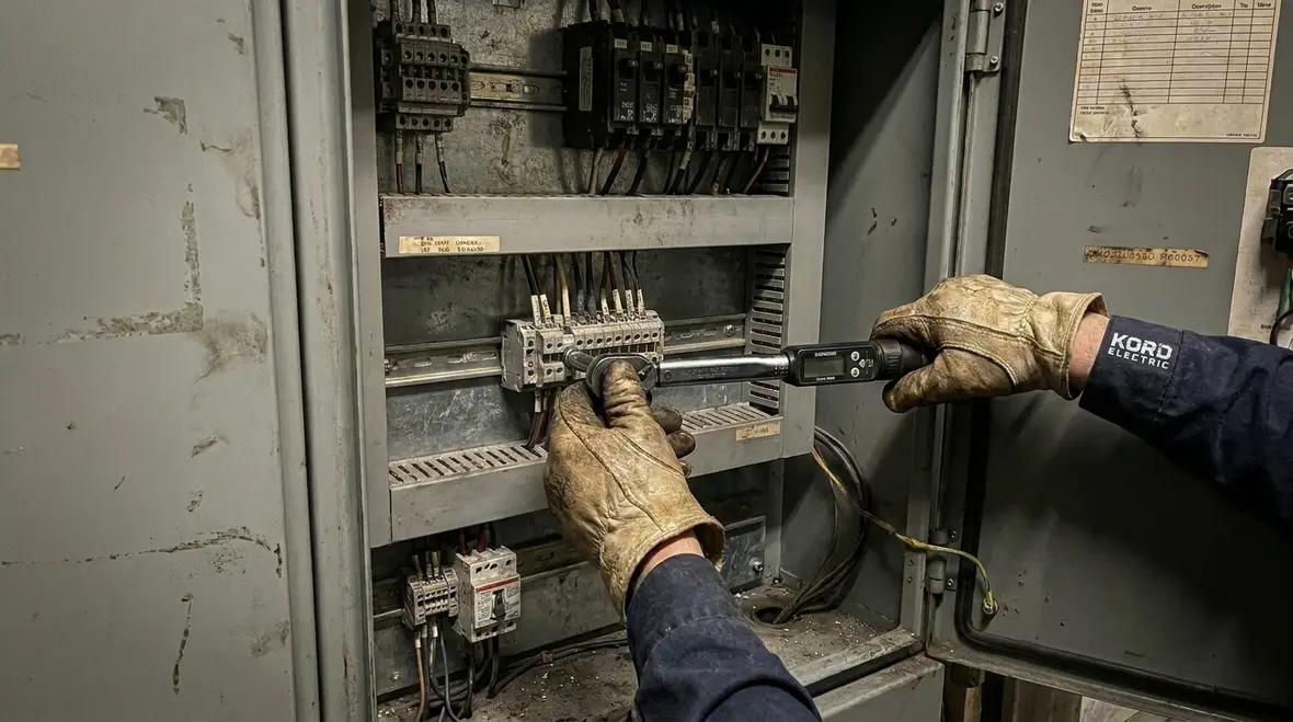 Technician inspecting industrial electrical panel for safety and reliability