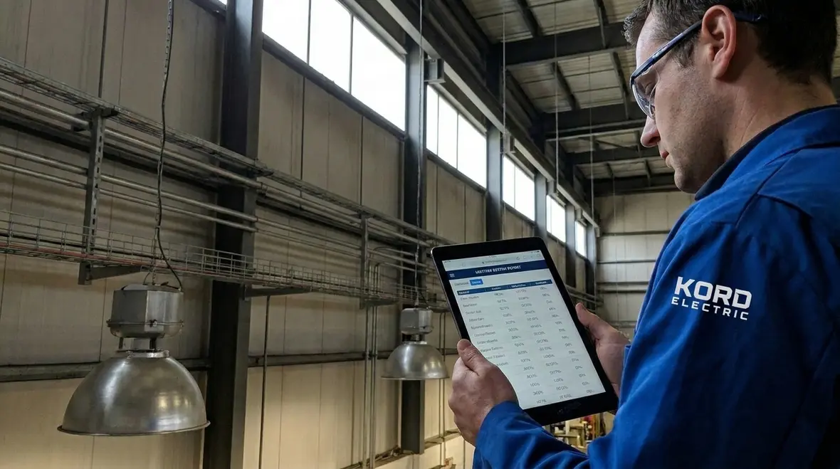 Control technician configuring industrial lighting control panel