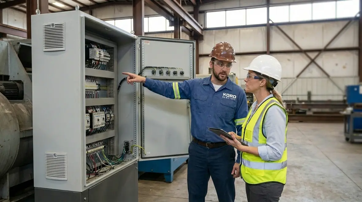 Technician reviewing electrical panels for manufacturing plant electrical hazard mitigation
