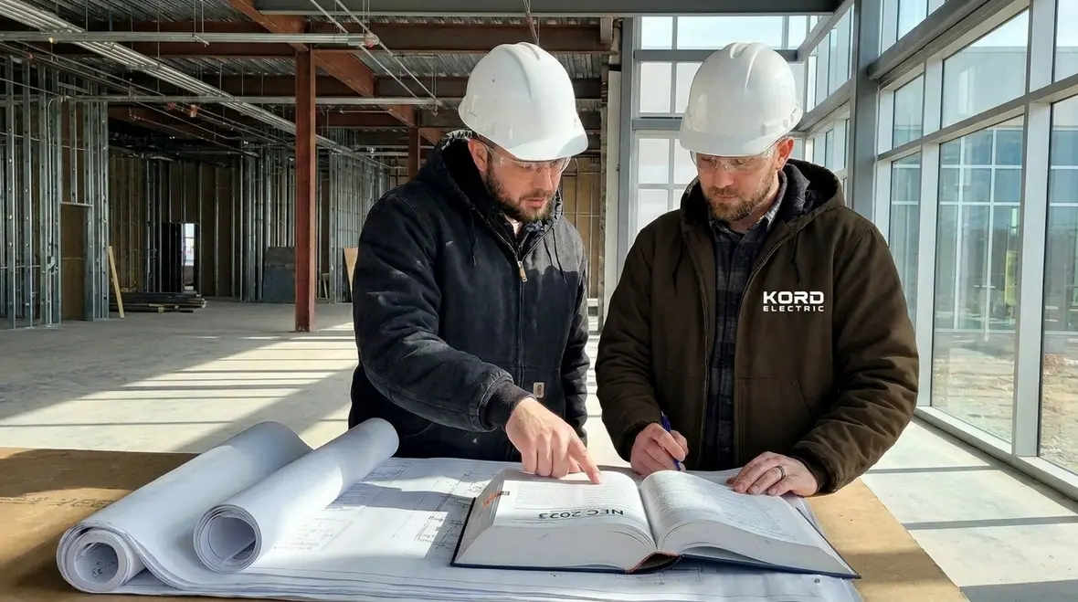 Commercial electricians reviewing NEC requirements for a business facility