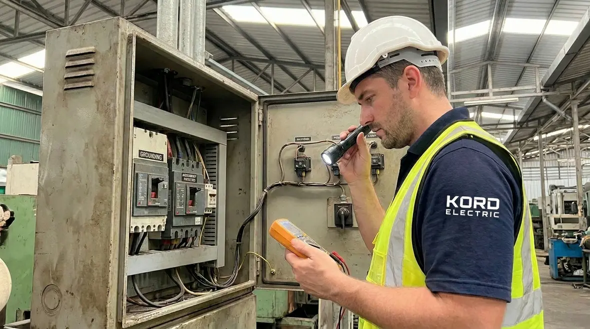 Technician inspecting commercial electrical panels under NEC guidelines