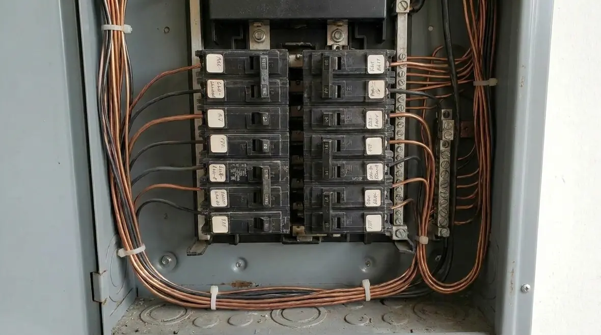 Electrician reviewing an NEC compliance checklist in a commercial electrical room