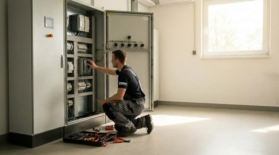 Technician checking NEC electrical panel requirements in a commercial electrical room