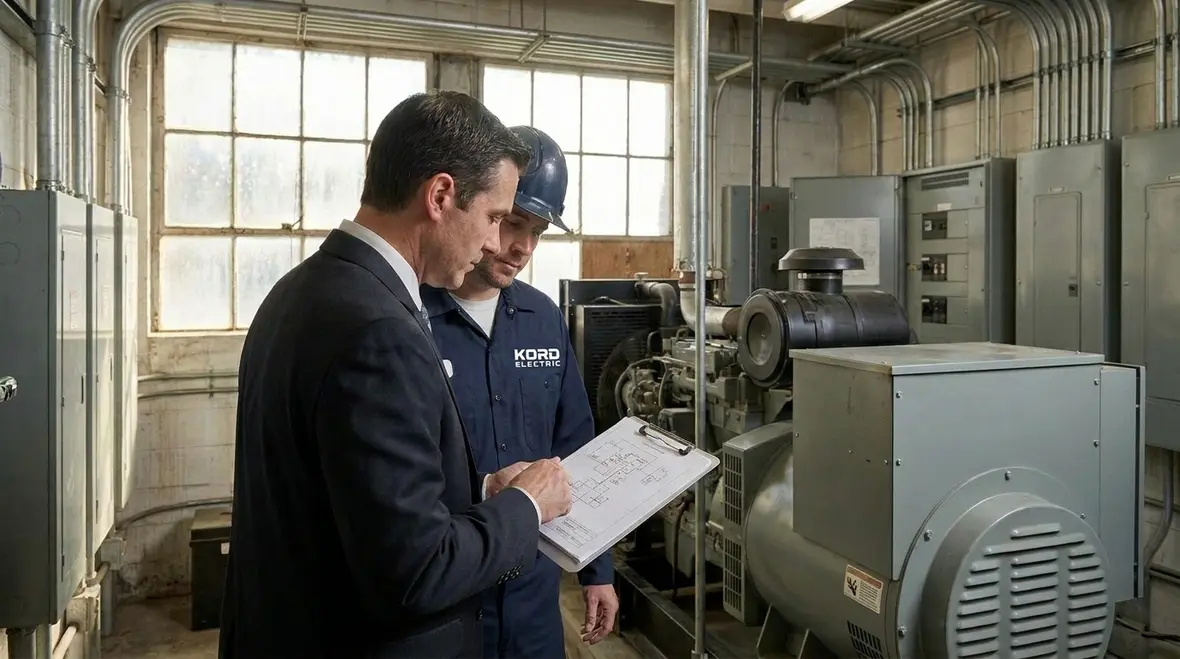 Technician reviewing NEC emergency power requirements for a commercial building
