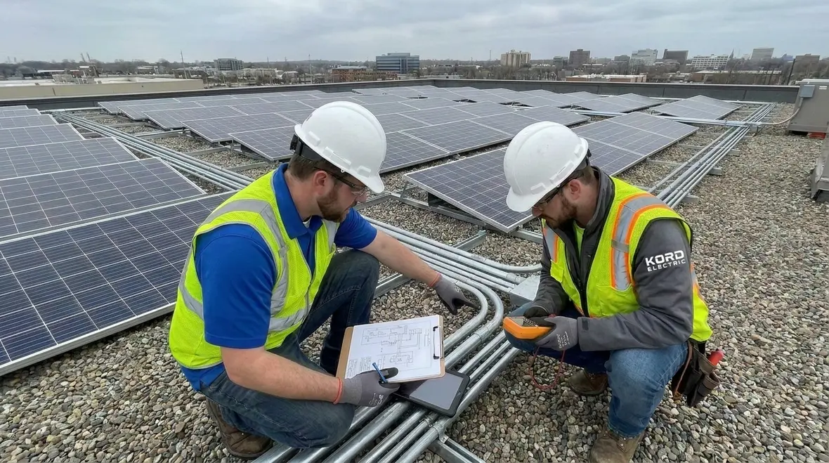 Commercial rooftop solar array being inspected for NEC solar electrical requirements