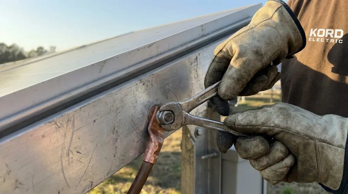 Technician verifying grounding and bonding on a commercial solar installation