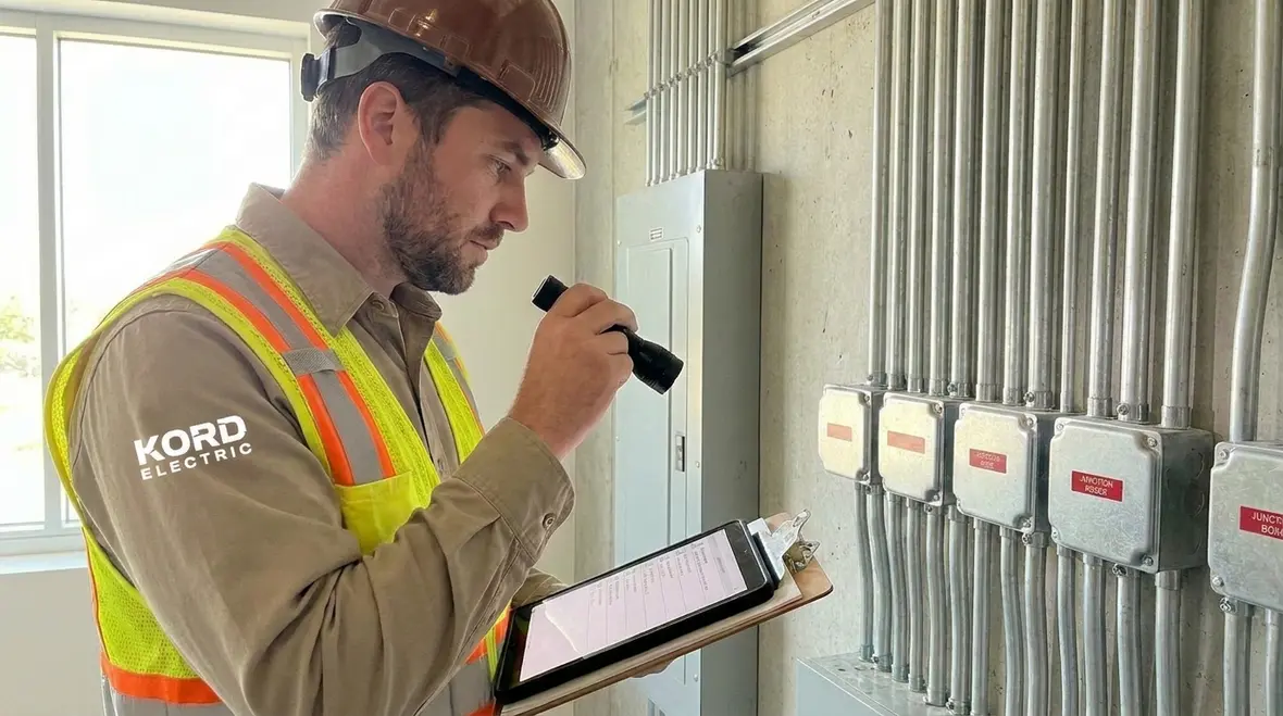 Commercial electrician inspecting conduit and raceway installation for NEC wiring methods