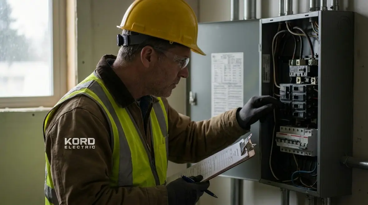 Inspector reviewing NEC commercial electrical installation in a major property