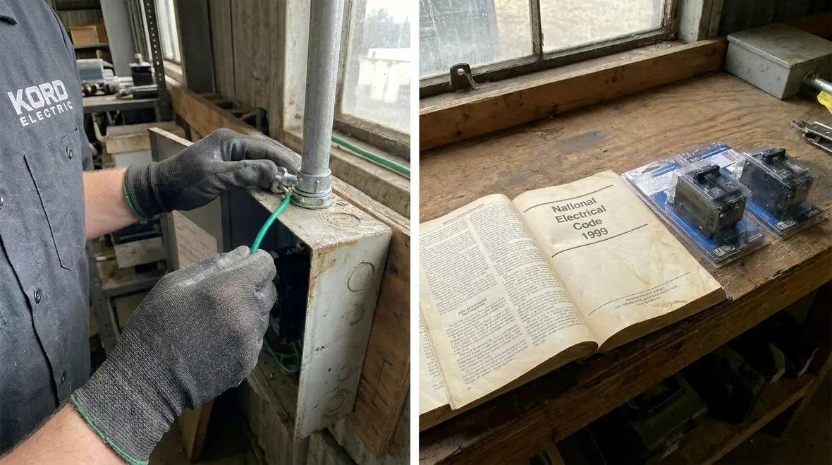 Technician reviewing historical and current electrical code books in an industrial setting