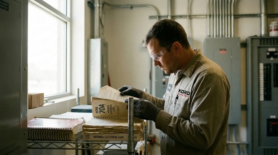 Technician reviewing NFPA 70A older documents in a commercial electrical room