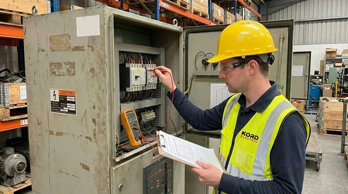 Technician performing NFPA 70B electrical maintenance inspection