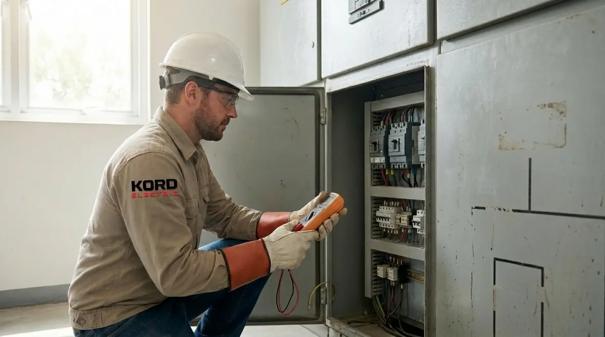 Technician performing NFPA 70B electrical maintenance in a commercial electrical room