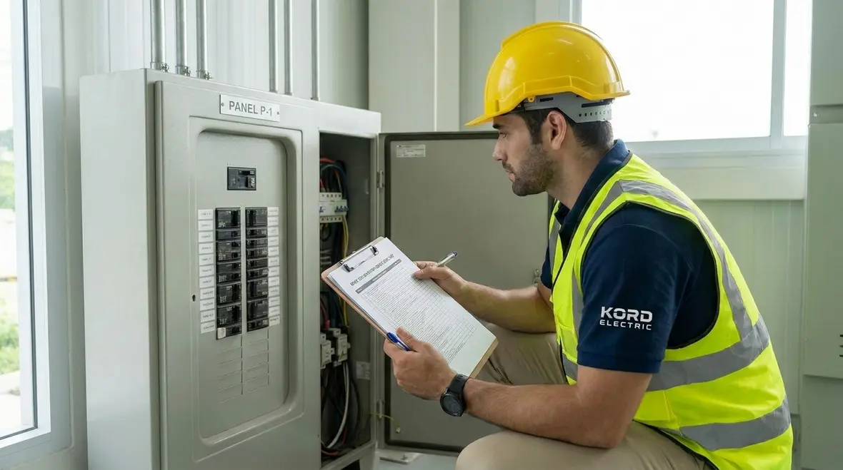 Technician reviewing NFPA 70B maintenance checklist in a commercial electrical room
