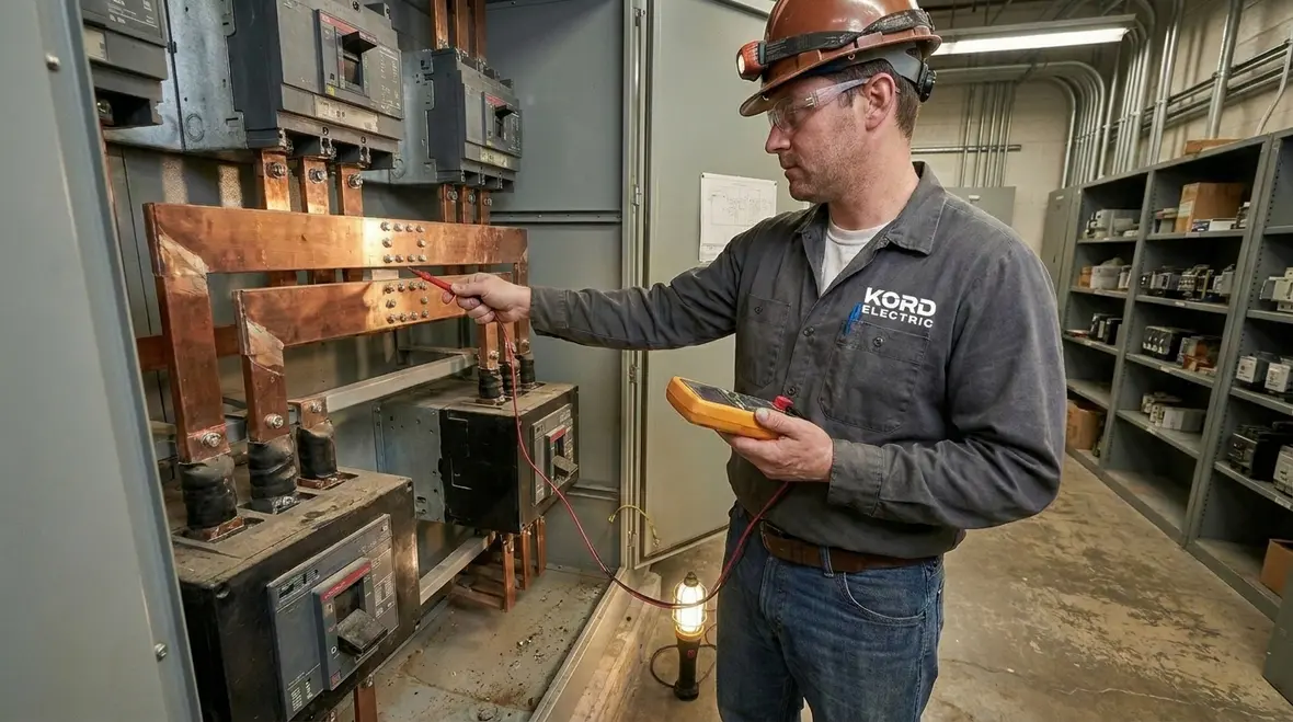 Technician tightening electrical panel connections during commercial maintenance