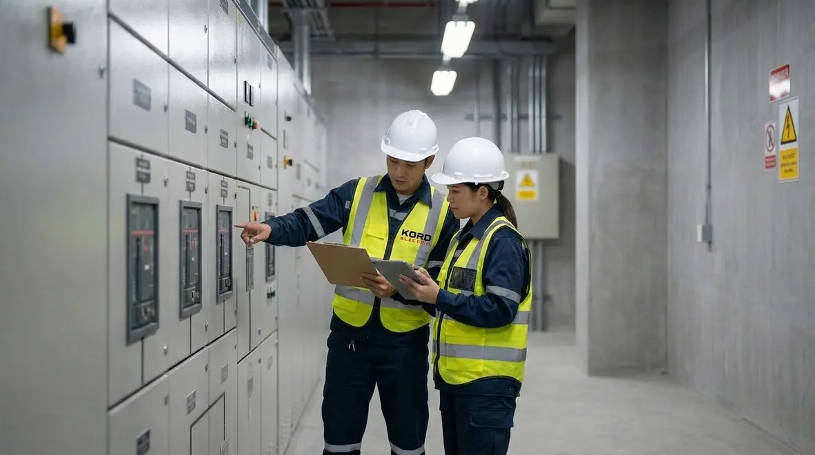 Close-up of commercial electrical components during NFPA 70B visual inspection