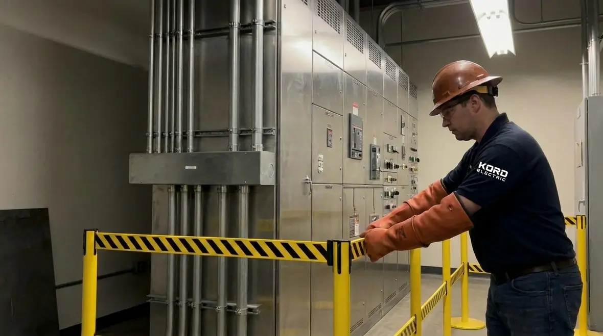 Electrician setting up NFPA 70E-compliant shock and arc flash controls