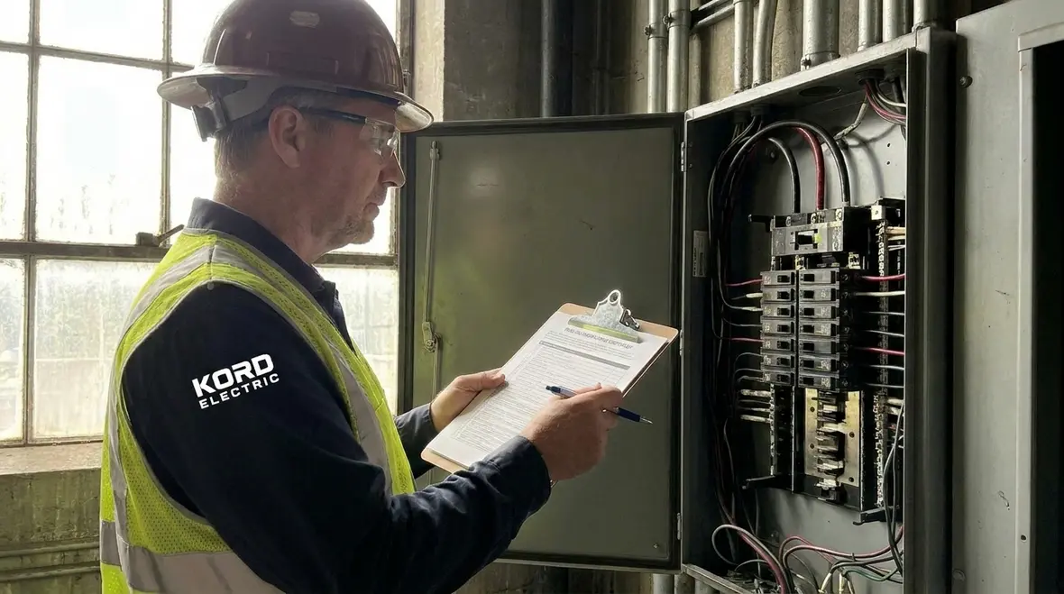 Technician reviewing an NFPA 70E compliance checklist before electrical maintenance
