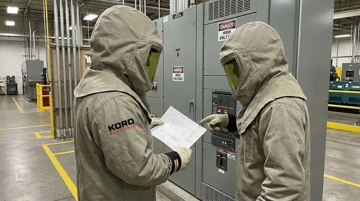 Layered NFPA 70E electrical safety controls in an industrial facility