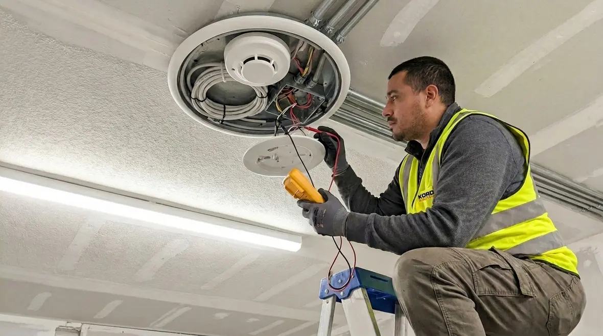 Technician checking NFPA 72 compliant terminations and device connections