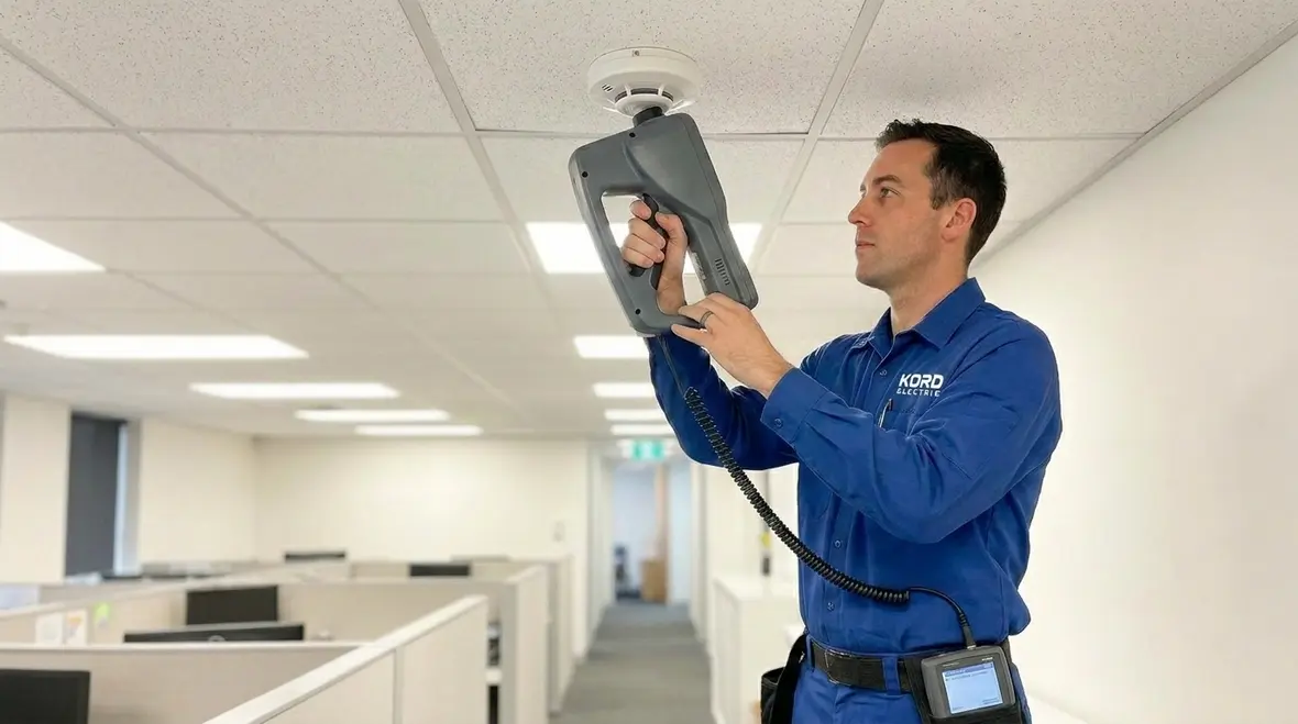 Commercial fire alarm system being inspected for NFPA 72 compliance