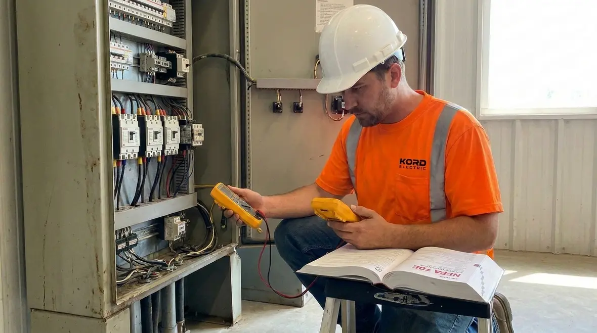 Technician reviewing NFPA electrical standards on a commercial job site