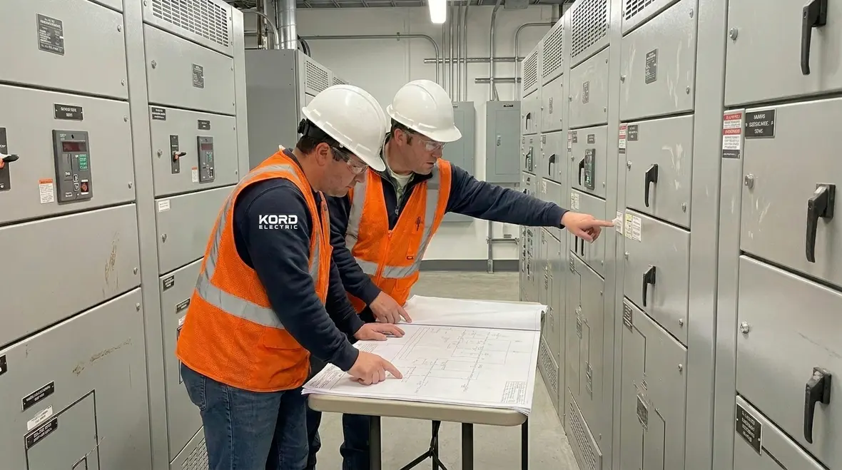Technicians applying NFPA standards to industrial electrical equipment