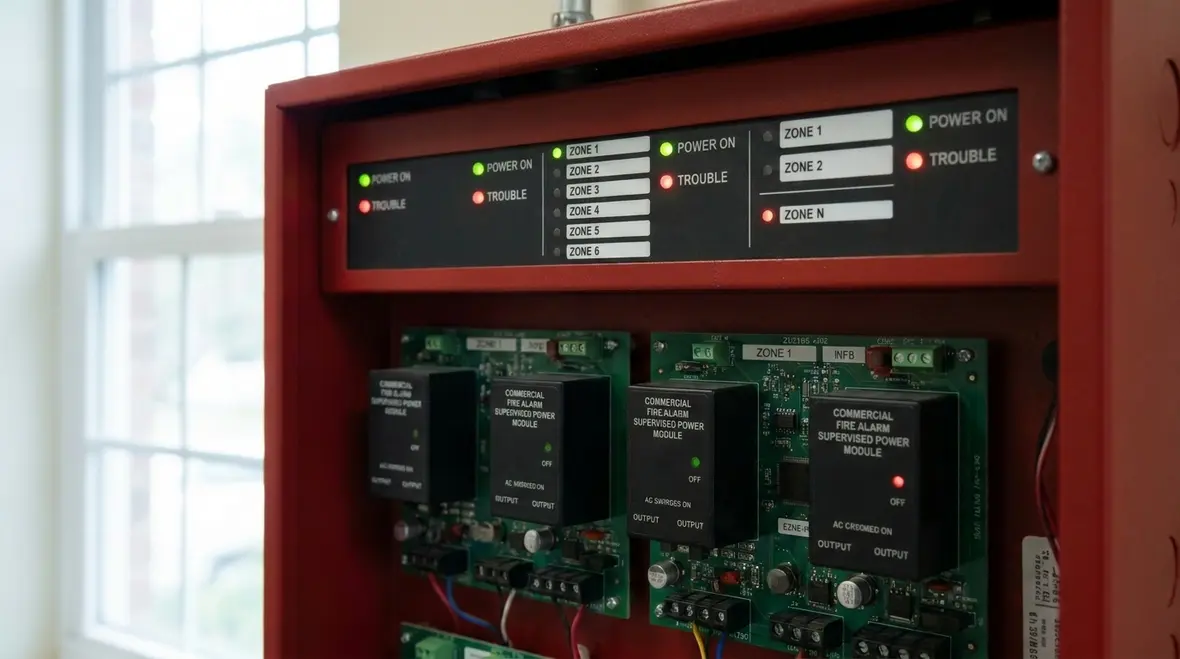 Technician verifying fire alarm power and supervision circuits