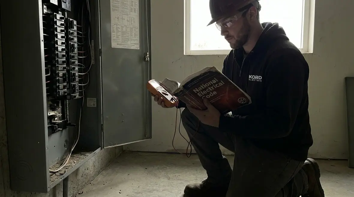 Electrician reviewing National Electrical Code requirements before a commercial panel upgrade