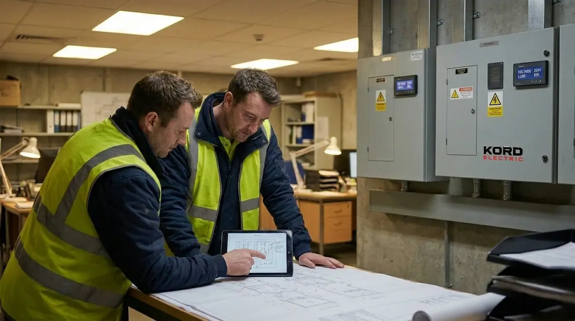 Technician performing an office building electrical capacity assessment in a modern electrical room