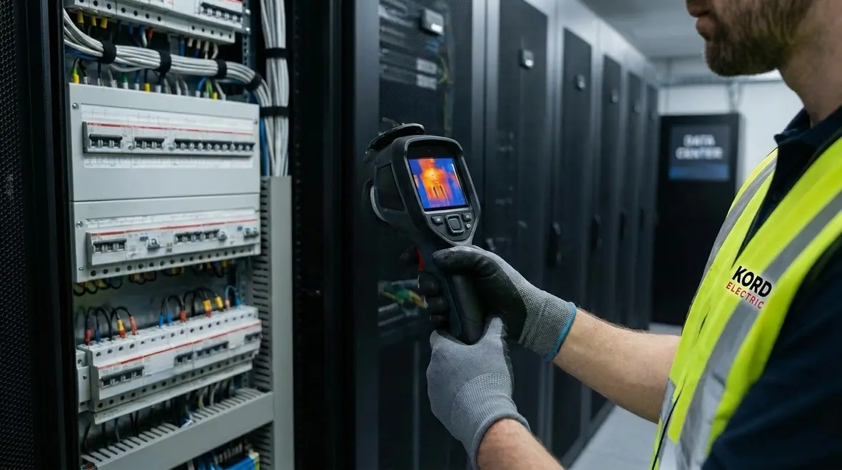 Kord Electric technicians reviewing a preventative electrical maintenance plan for a data center