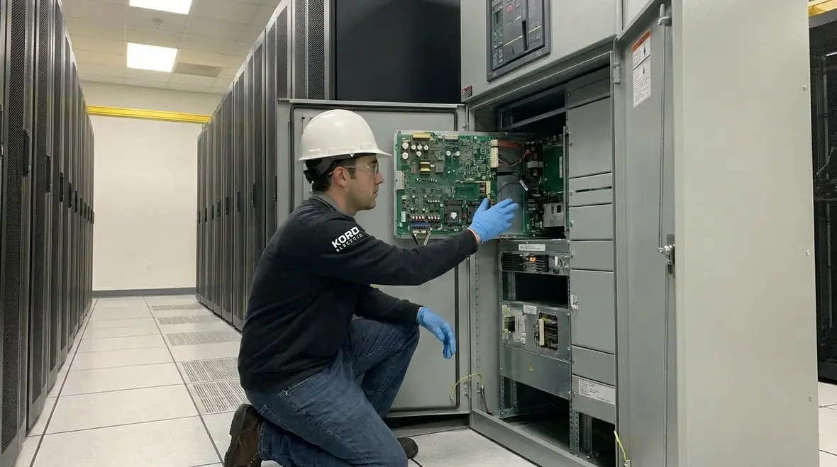 Electrical technician performing preventative maintenance in a data center switchgear room