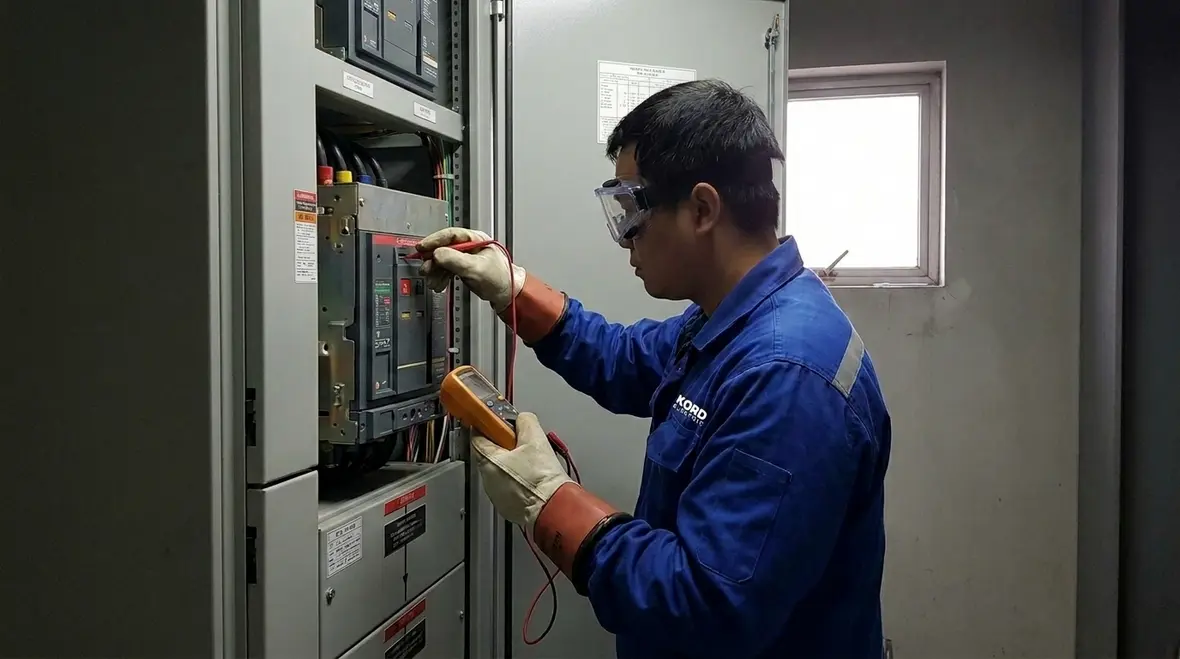 Technician performing preventative maintenance vs repair on commercial electrical equipment