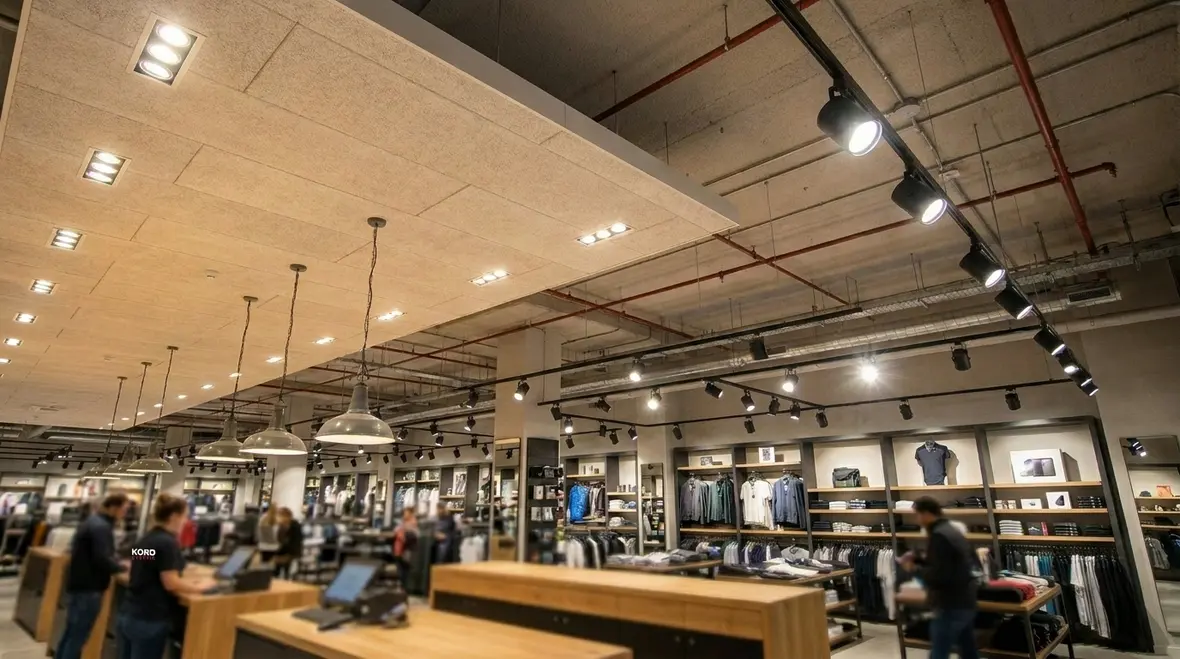 Layered lighting design with ambient, task, and accent fixtures in a retail space