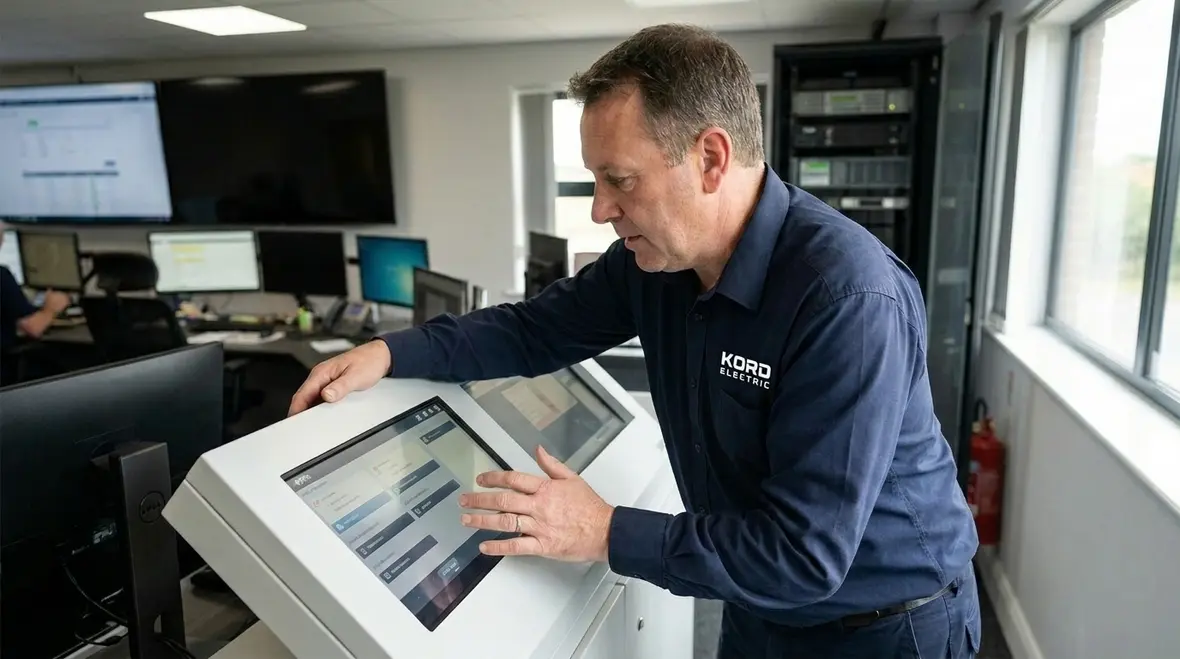 Technician performing Title 19 fire alarm panel inspection